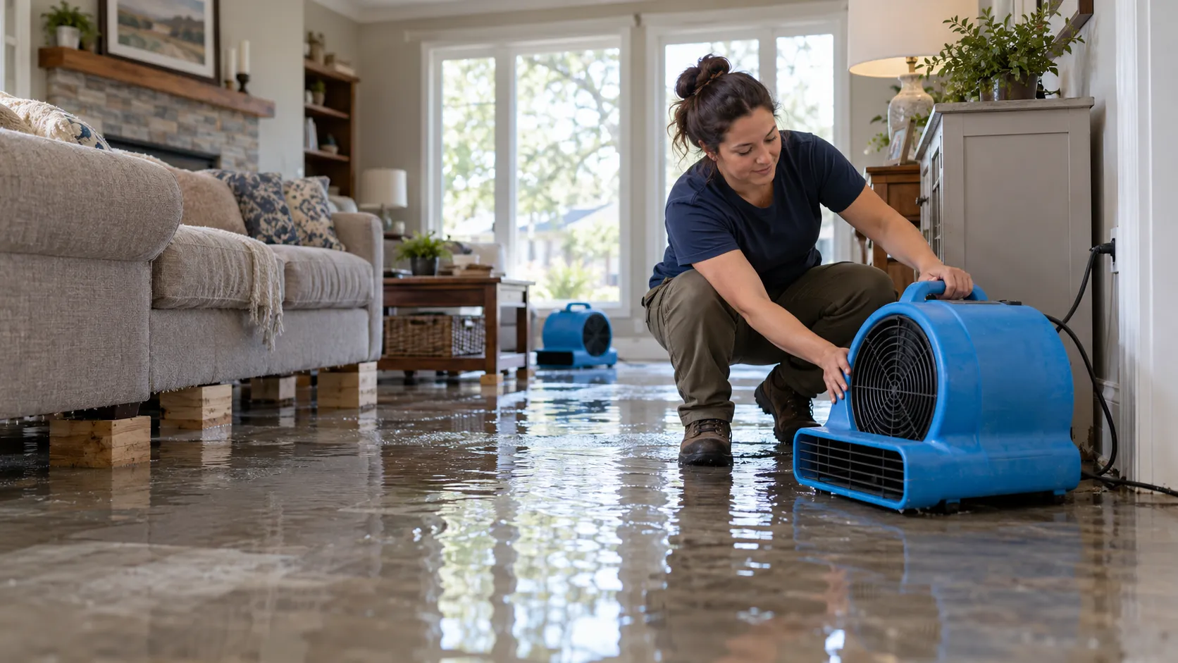 Water damage restoration technician drying a flooded living room in Harrisburg
